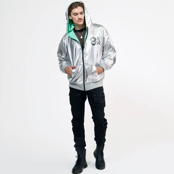 The SpoiledChild Jeremy Scott Chrome Silver Hoodie Hooded Zip Sweatshirt Jacket - Picture 9 of 16